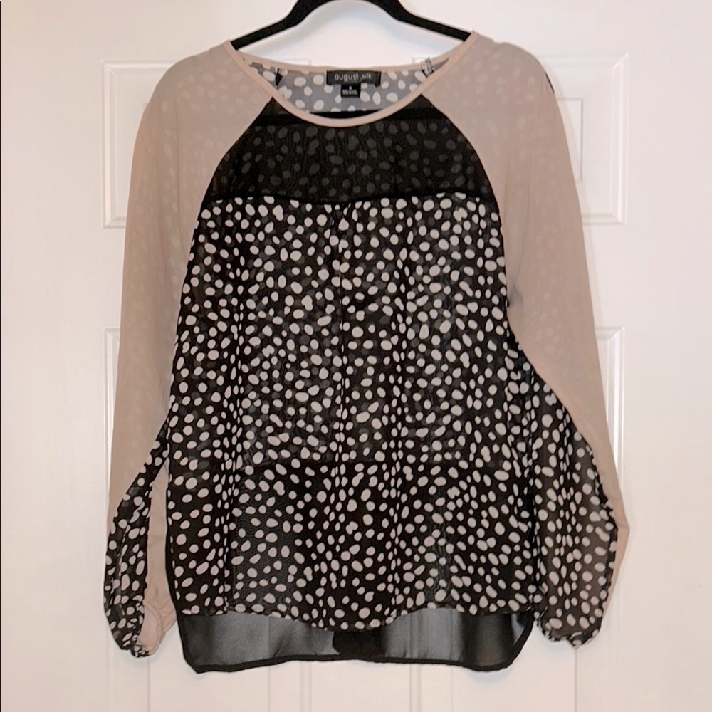 August Silk Polka Dot LS Top M Black Tan Sheer Whimsical Career Lagenlook